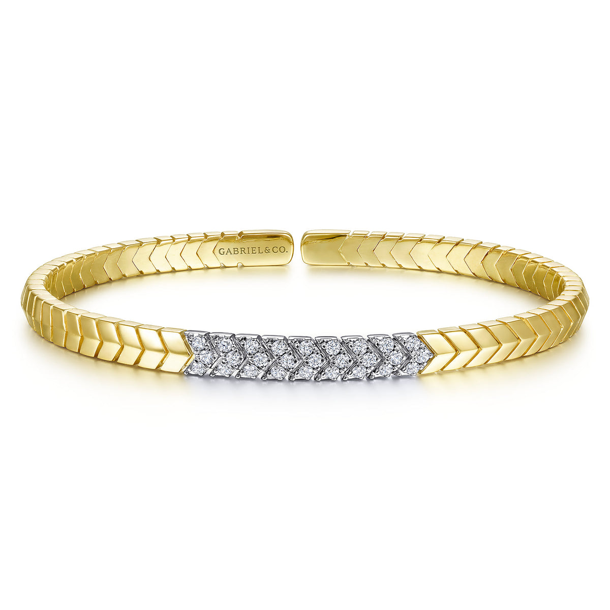 14K Yellow Gold Chevron Cuff Bracelet with White Gold Diamond Pavé Station — Gabriel & Co. BG4383-62M45JJ