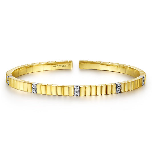 14K Yellow Gold Rectangular Bead Cuff Bracelet with White Gold Pavé Diamond Stations — Gabriel & Co. BG4409-65M45JJ