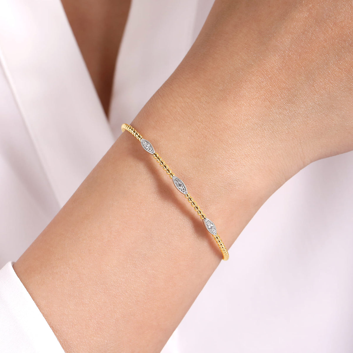 14K White & Yellow Gold Diamond Cuff Bangle Bracelet, 0.17ct-Bujukan — Gabriel & Co. BG4437-62M45JJ