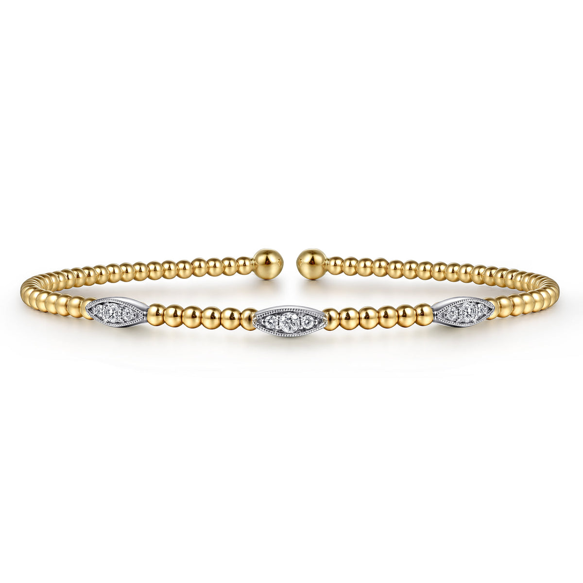 14K White-Yellow Gold Bujukan Bead Cuff Bracelet with Diamond Filled Marquise Stations — Gabriel & Co. BG4437-65M45JJ