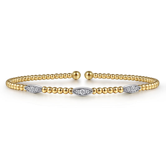 14K White-Yellow Gold Bujukan Bead Cuff Bracelet with Diamond Filled Marquise Stations — Gabriel & Co. BG4437-65M45JJ