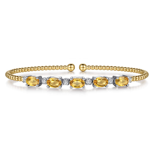 14K White-Yellow Gold Bujukan Bead Cuff Bracelet with Citrine and Diamond Stations — Gabriel & Co. BG4448-65M45CT