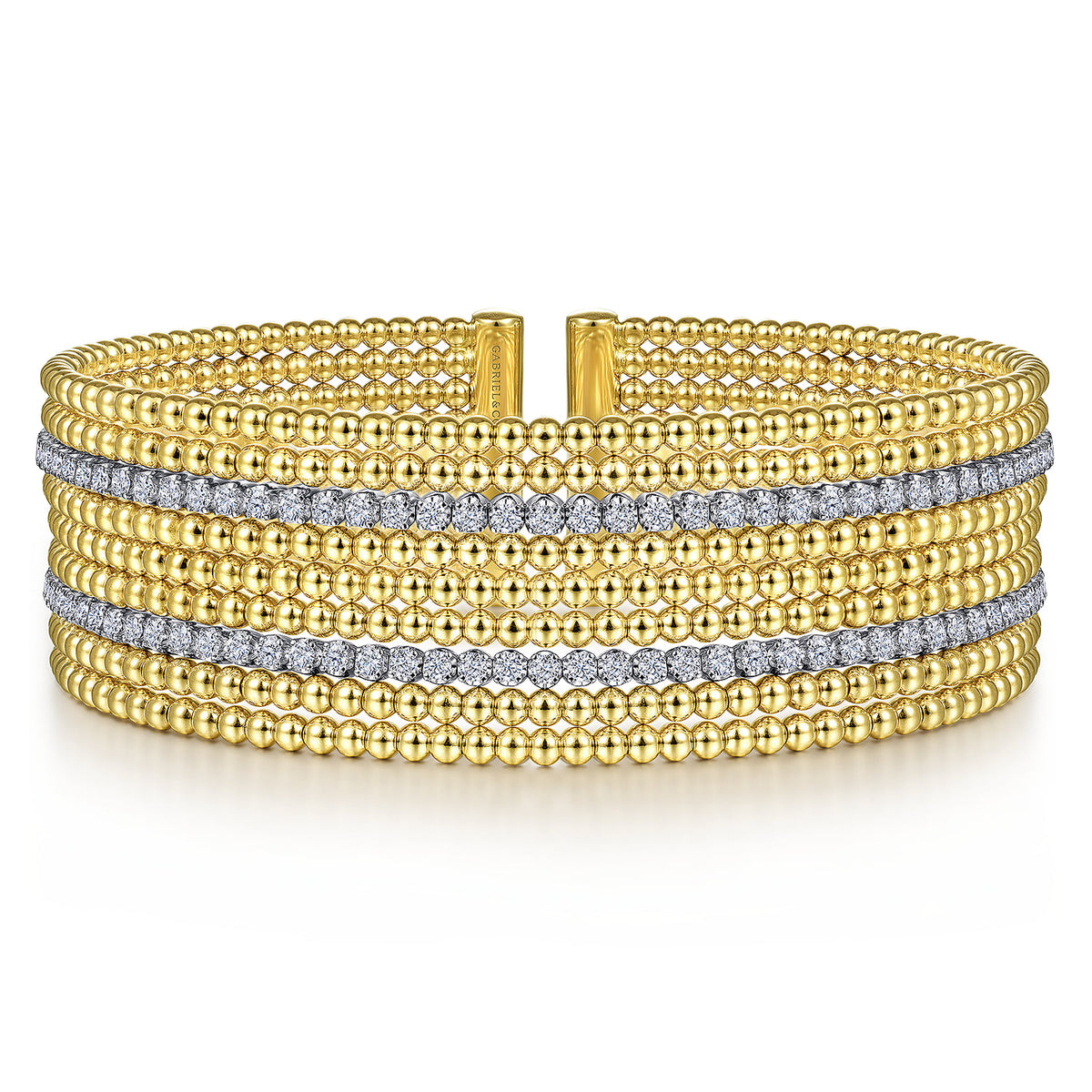 Wide 14K White-Yellow Gold Bujukan Bead Cuff Bracelet with Diamond Channels — Gabriel & Co. BG4450-62M45JJ