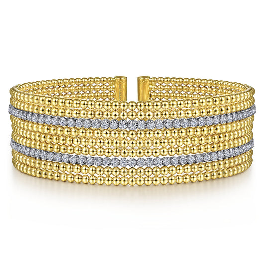 Wide 14K White-Yellow Gold Bujukan Bead Cuff Bracelet with Diamond Channels — Gabriel & Co. BG4450-62M45JJ