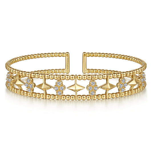 14K Yellow Gold Bujukan Diamond Cluster and Gold Pyramid Cuff Bangle — Gabriel & Co. BG4615-62Y45JJ