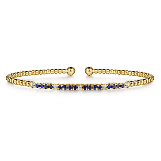 Beaded Bangle Bracelet Cuff 14K Yellow Gold Diamond and Blue Sapphire 0.09ct Bujukan — Gabriel & Co. BG4702-62Y45SA