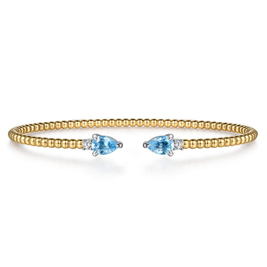 Beaded Open Bangle Bracelet 14K White and Yellow Gold Diamond and Blue Topaz 0.09ct Bujukan — Gabriel & Co. BG4718-62M45BT