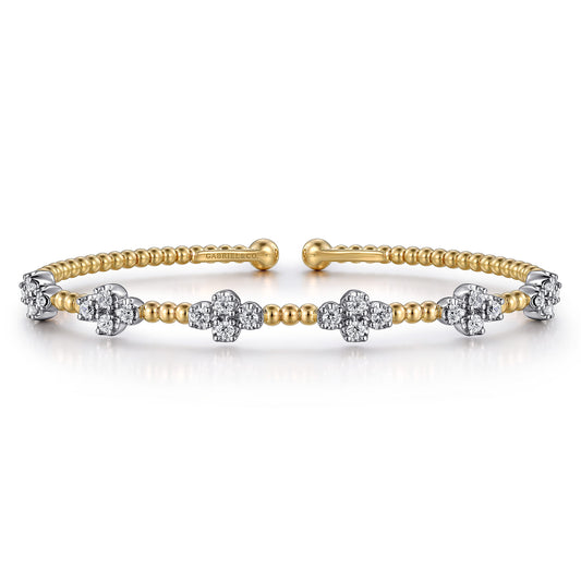 14K White & Yellow Gold Beaded Diamond Cuff Bangle Bracelet, 0.7ct-Bujukan — Gabriel & Co. BG4782-62M45JJ