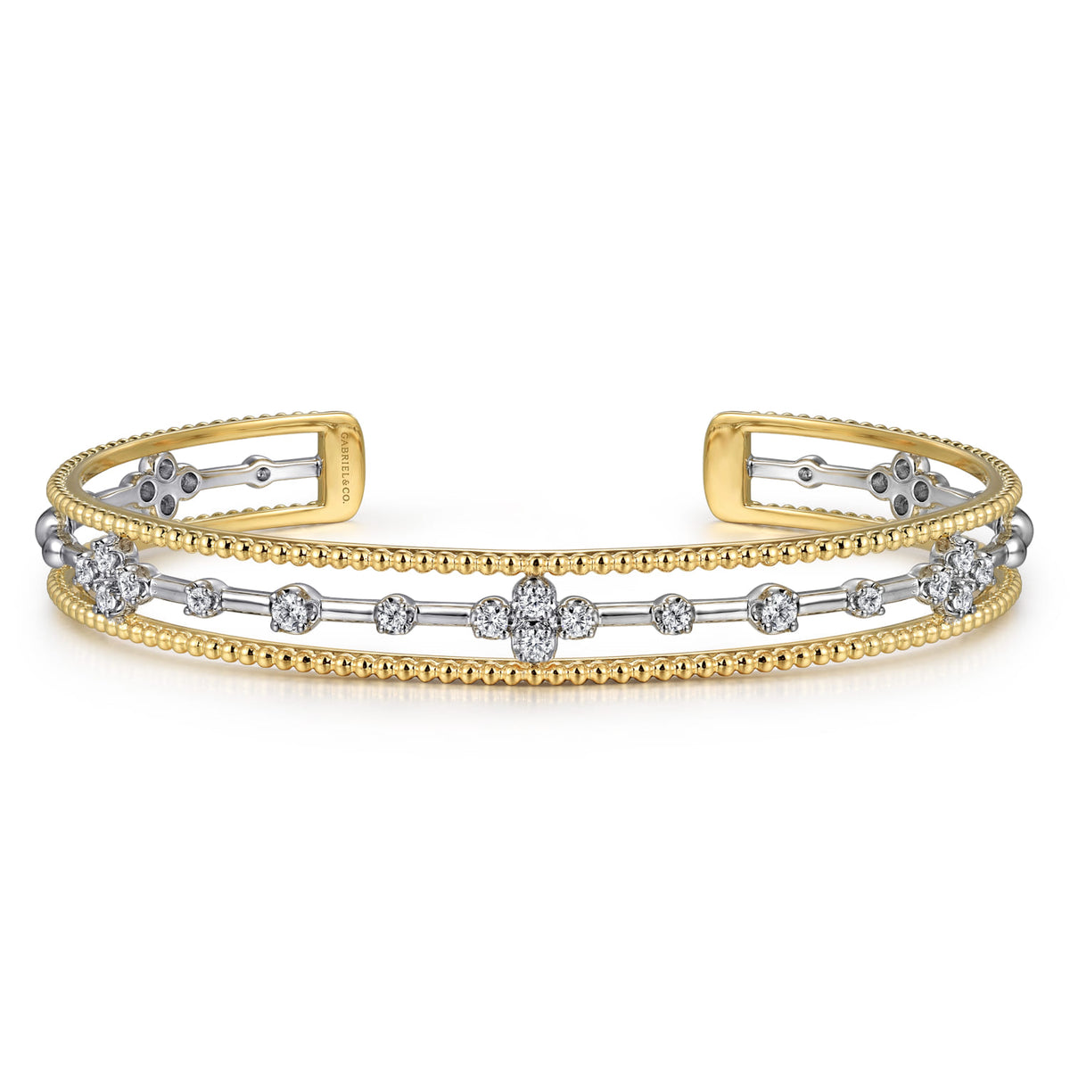 14K White & Yellow Gold Beaded Diamond Cuff Bangle Bracelet, 0.4ct-Bujukan — Gabriel & Co. BG4908-62M45JJ