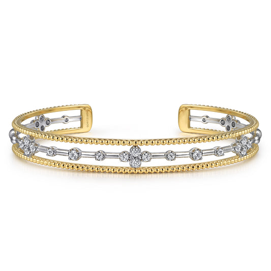 14K White & Yellow Gold Beaded Diamond Cuff Bangle Bracelet, 0.4ct-Bujukan — Gabriel & Co. BG4908-62M45JJ