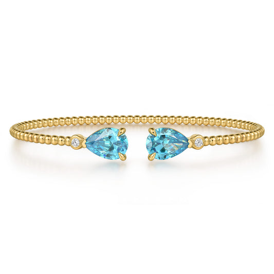 14K Yellow Gold Diamond and Pear Shape  Blue Topaz Bujukan Bangle — Gabriel & Co. BG4928-6Y45BT