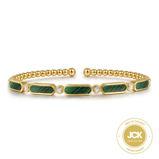 14K Yellow Gold Diamond and Malachite Cuff Bangle Bracelet-Bujukan — Gabriel & Co. BG4940-62Y45MA