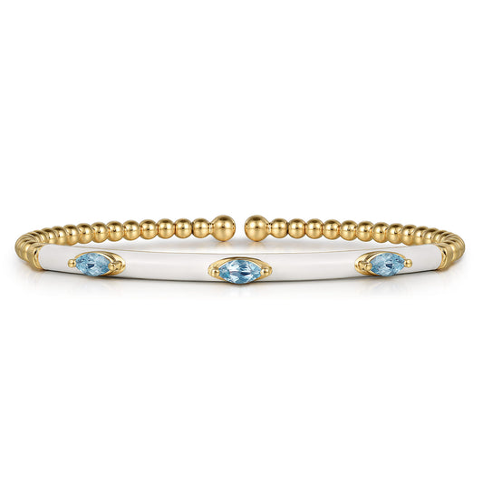 14K Yellow Gold Bujukan Blue Topaz Split Bangle with White Enamel — Gabriel & Co. BG4968E9Y4JBT