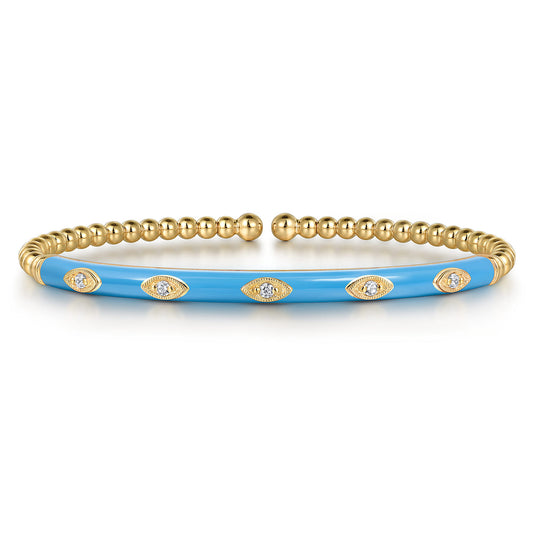 14K Yellow Gold Bujukan Beads and Diamond Split Bangle with Dusk Blue Enamel — Gabriel & Co. BG4971E5Y45JJ