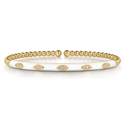 14K Yellow Gold Bujukan Beads and Diamond Split Bangle with White Enamel — Gabriel & Co. BG4971E9Y45JJ