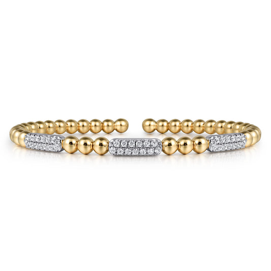 14K White and Yellow Gold Diamond Pavé Three Station Bar Bujukan Beads Split Bangle Bracelet — Gabriel & Co. BG4974-6M45JJ