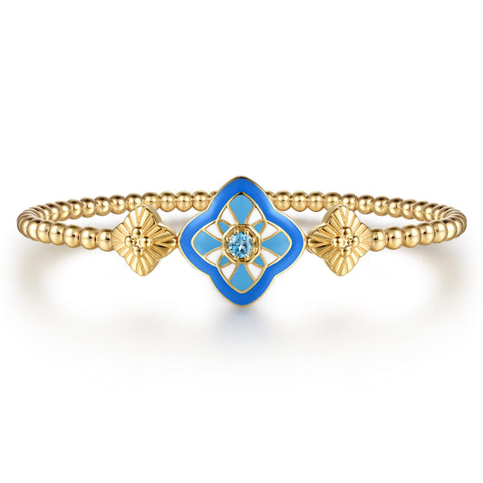 14K Yellow Gold Bujukan Blue Topaz Floral Split Bangle Bracelet with Blue, Dusk Blue and White Enamel — Gabriel & Co. BG5292EM57Y4JBT