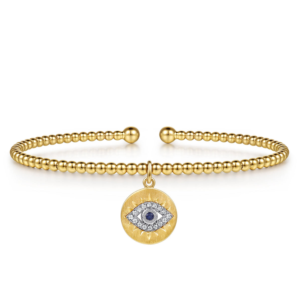 14K White-Yellow Gold Bujukan Sapphire and Diamond Evil Eye Charm Cuff Bangle Bracelet — Gabriel & Co. BG5332-57M45SA