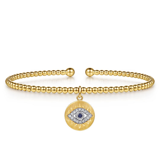 14K White-Yellow Gold Bujukan Sapphire and Diamond Evil Eye Charm Cuff Bangle Bracelet — Gabriel & Co. BG5332-57M45SA