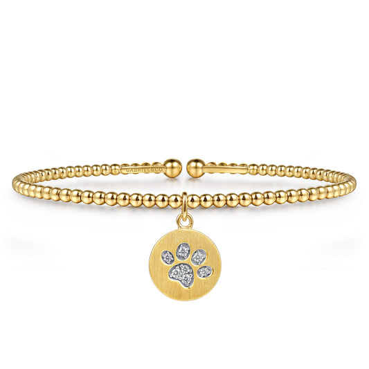 14K Yellow Gold Bujukan Beaded Diamond Paw Charm Cuff Bangle Bracelet — Gabriel & Co. BG5333-57Y45JJ