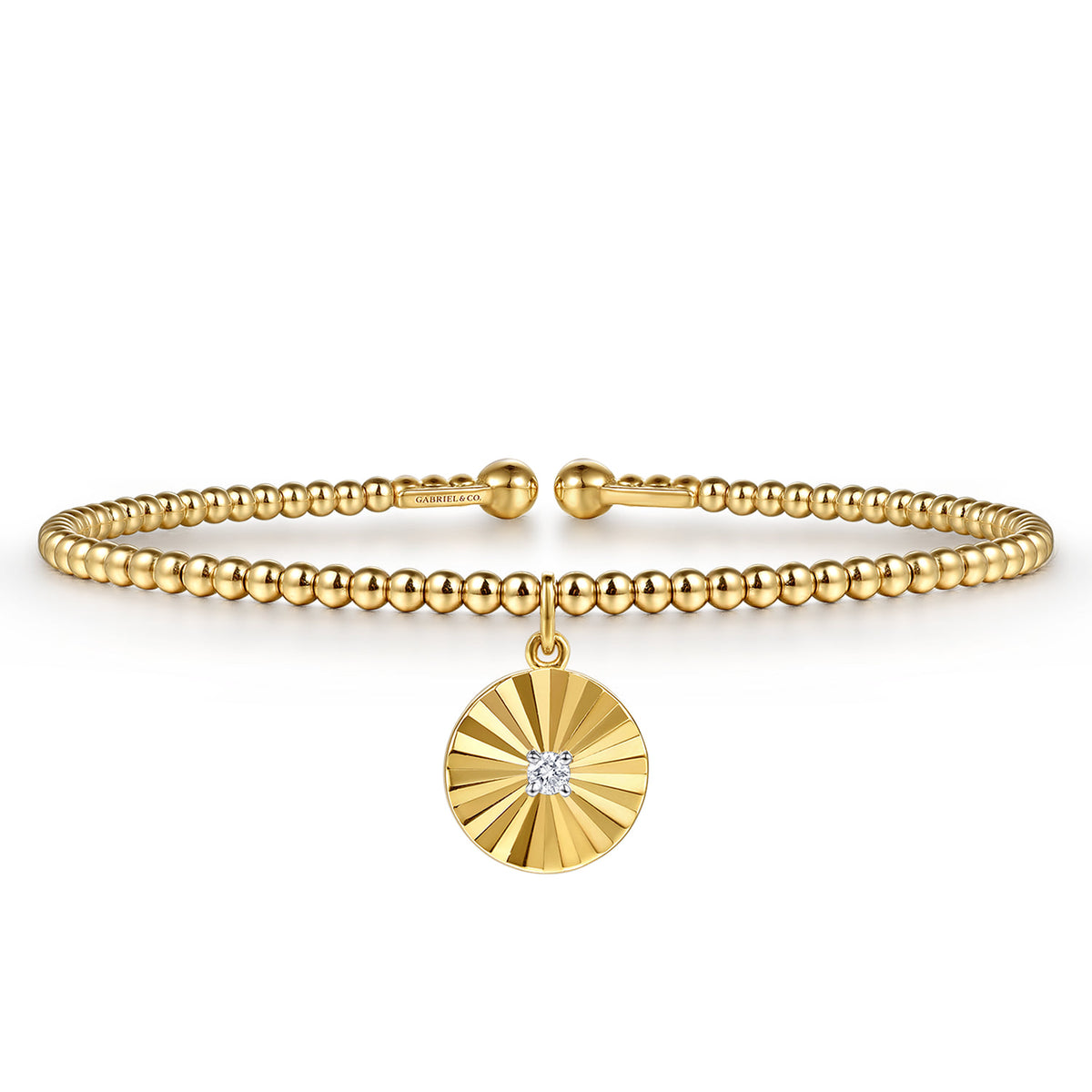 14K White & Yellow Gold Bujukan Beaded Diamond and Diamond Cut Charm Cuff Bangle Bracelet — Gabriel & Co. BG5334-57M45JJ