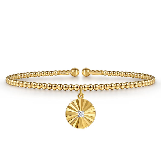 14K White & Yellow Gold Bujukan Beaded Diamond and Diamond Cut Charm Cuff Bangle Bracelet — Gabriel & Co. BG5334-57M45JJ