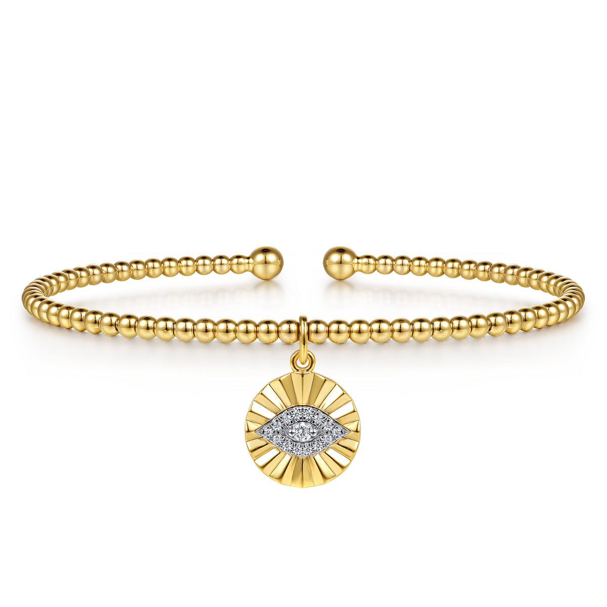 14K White-Yellow Gold Bujukan Beaded Diamond Evil Eye Charm Cuff Bangle Bracelet — Gabriel & Co. BG5338-57M45JJ