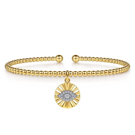 14K White-Yellow Gold Bujukan Beaded Diamond Evil Eye Charm Cuff Bangle Bracelet — Gabriel & Co. BG5338-57M45JJ