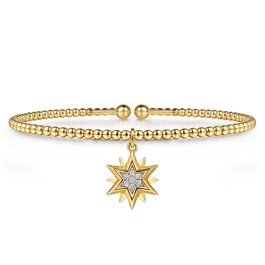 14K Yellow Gold Bujukan Beaded Diamond and Diamond Cut Starburst Charm Cuff Bangle Bracelet — Gabriel & Co. BG5339-57Y45JJ