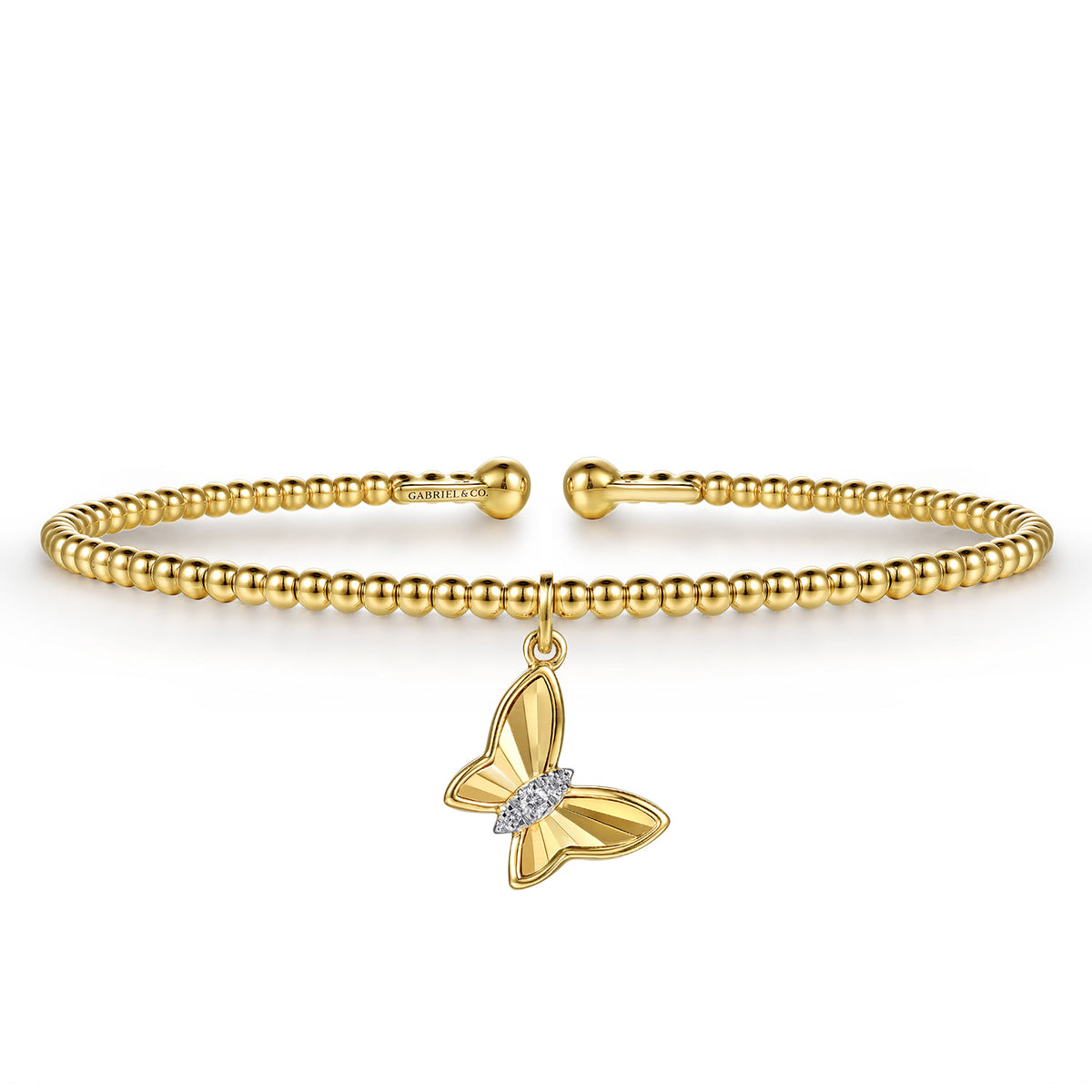 14K Yellow Gold Bujukan Beaded Diamond and Diamond Cut Butterfly Charm Cuff Bangle Bracelet — Gabriel & Co. BG5341-57Y45JJ