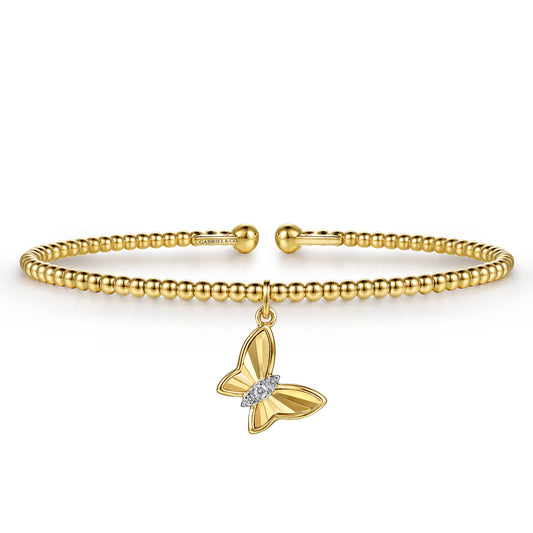 14K Yellow Gold Bujukan Beaded Diamond and Diamond Cut Butterfly Charm Cuff Bangle Bracelet — Gabriel & Co. BG5341-57Y45JJ