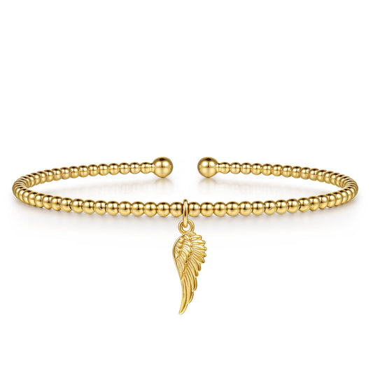14K Yellow Gold Bujukan Beaded Angel Wing Charm Cuff Bangle Bracelet — Gabriel & Co. BG5343-57Y4JJJ