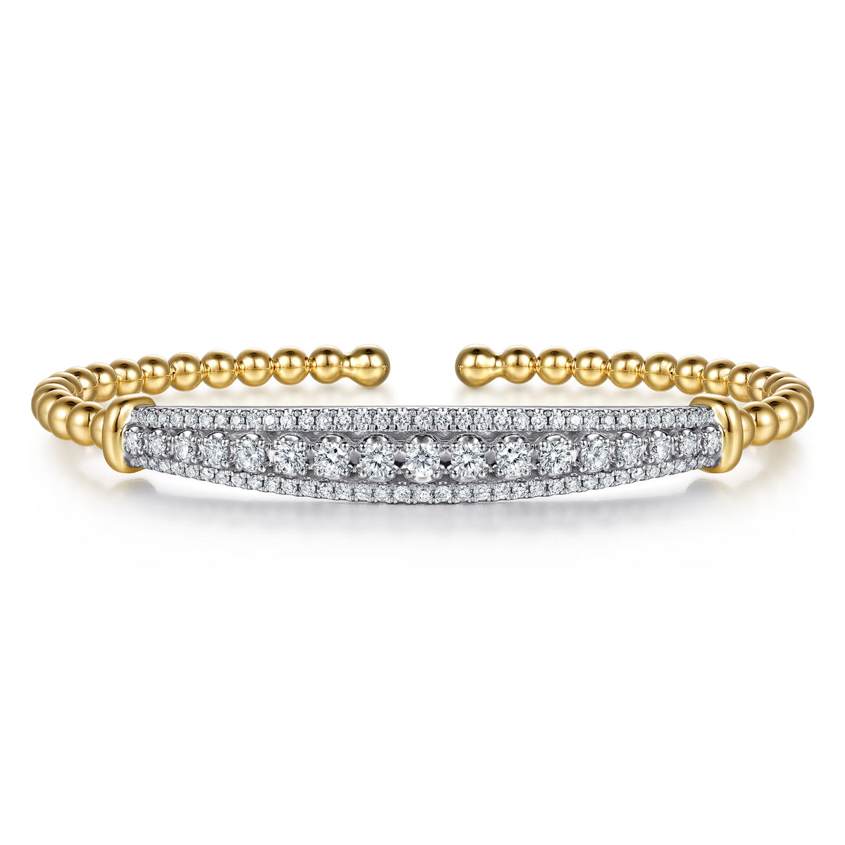 14K White&Yellow Gold Bujukan Beaded Graduating Diamond Bar Cuff Bangle Bracelet — Gabriel & Co. BG5344-57M45JJ