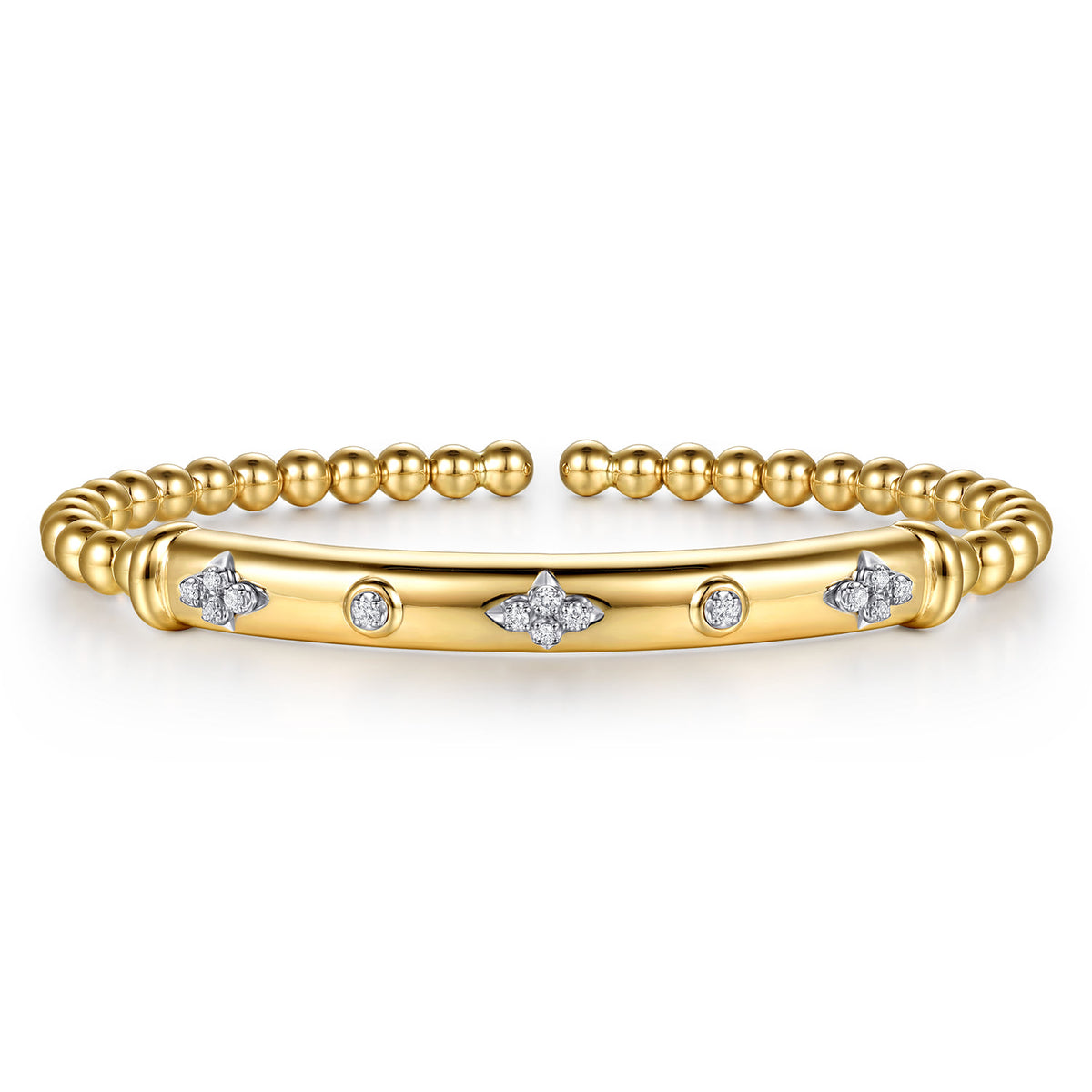 14K White & Yellow Gold Bujukan Beads Diamond Clover Station Cuff Bangle Bracelet — Gabriel & Co. BG5350-57M45JJ