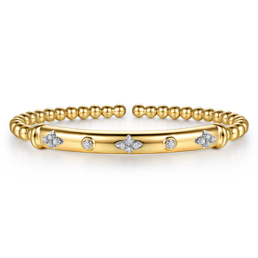 14K White & Yellow Gold Bujukan Beads Diamond Clover Station Cuff Bangle Bracelet — Gabriel & Co. BG5350-57M45JJ