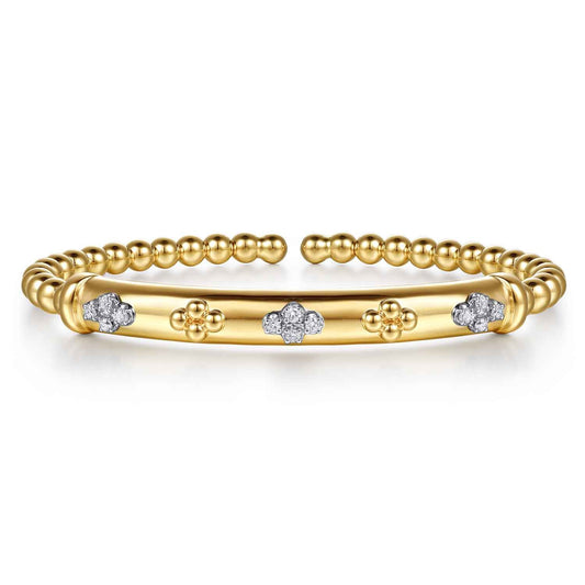 14K White & Yellow Gold Bujukan Beaded and Diamond Clover Cuff Bangle Bracelet — Gabriel & Co. BG5352-6M45JJ