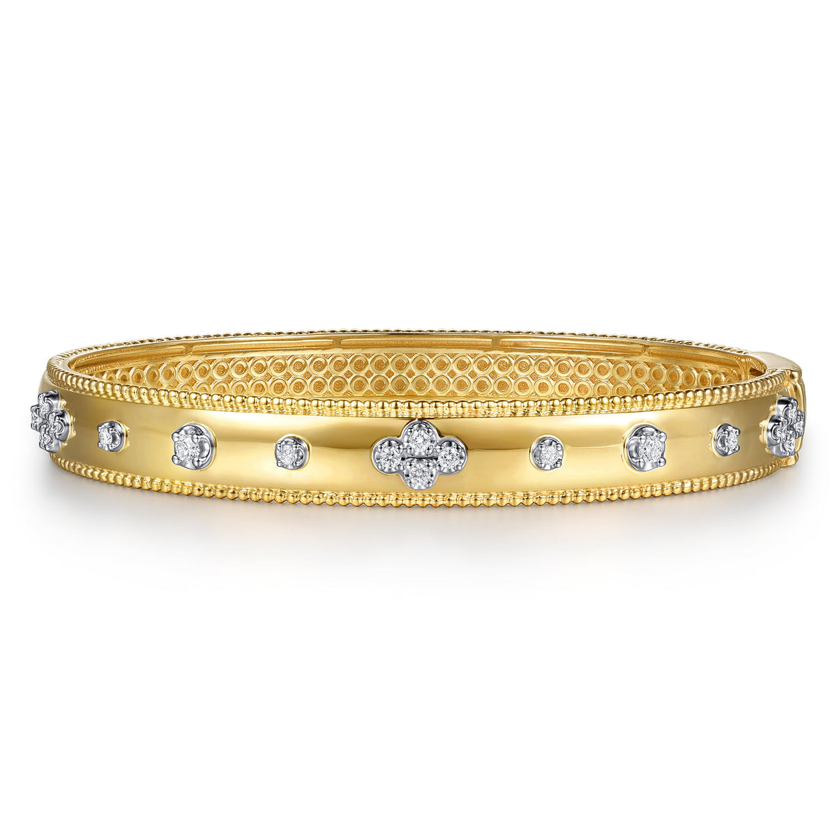 14K White&Yellow Gold Bujukan Beaded and Diamond Clover Closed Bangle Bracelet — Gabriel & Co. BG5354-65M45JJ