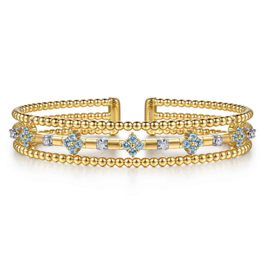 14K White & Yellow Gold Bujukan Beaded Diamond and Blue Topaz Flower Cuff Bangle Bracelet — Gabriel & Co. BG5356-57M45BT