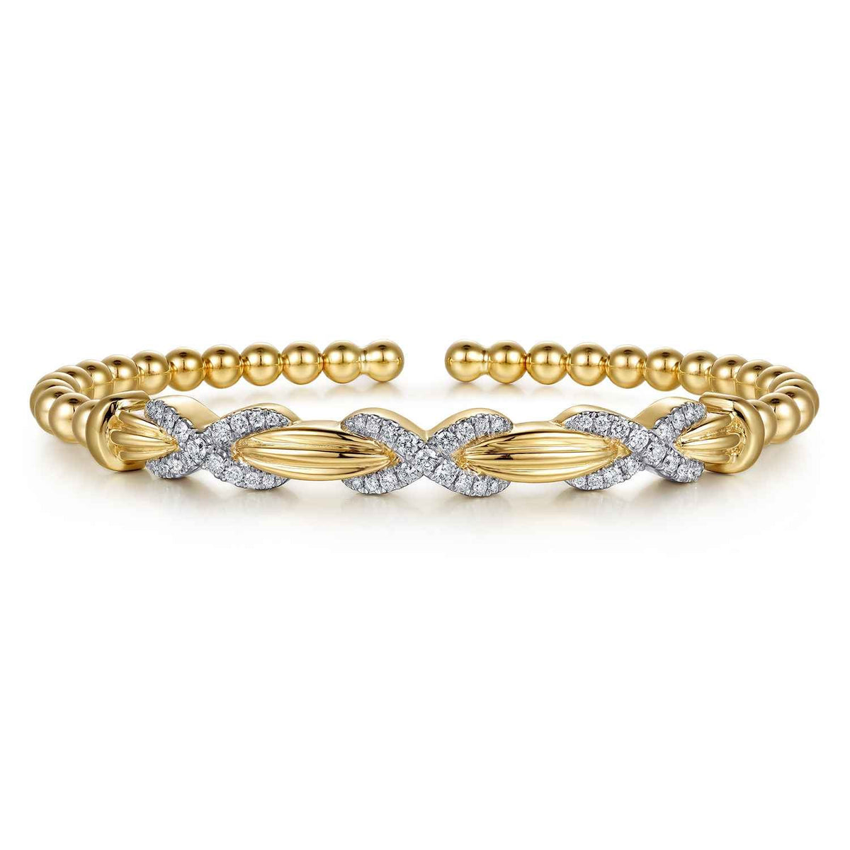 14K Yellow Gold Bujukan Beaded Diamond Criss Cross Cuff Bangle Bracelet — Gabriel & Co. BG5359-57Y45JJ