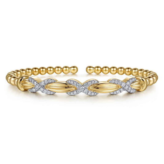 14K Yellow Gold Bujukan Beaded Diamond Criss Cross Cuff Bangle Bracelet — Gabriel & Co. BG5359-57Y45JJ