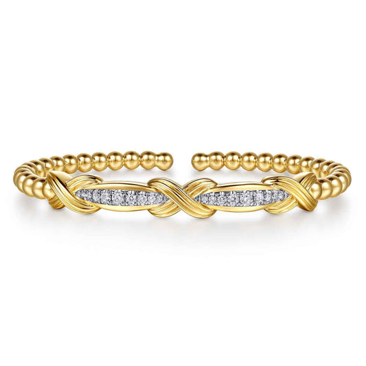 14K Yellow Gold Bujukan Beaded Graduating Diamond Criss Cross Cuff Bangle Bracelet — Gabriel & Co. BG5360-57Y45JJ