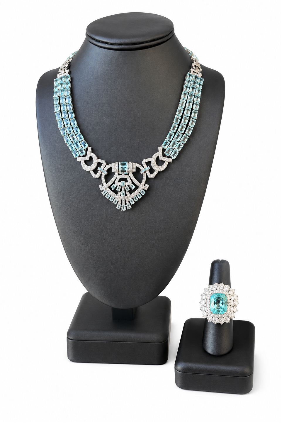 18k White Gold GIA 15.79ct Tourmaline Ring and 108.75ctw Aquamarine Geometric Necklace