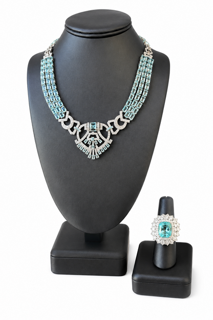 18k White Gold GIA 15.79ct Tourmaline Ring and 108.75ctw Aquamarine Geometric Necklace
