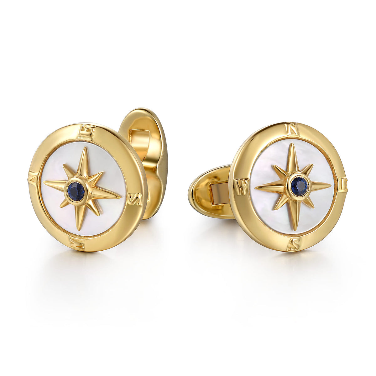 14K Yellow Gold Round Compass Cufflinks with Sapphire and White Mother of Pearl — Gabriel & Co. CL20083Y4JMC