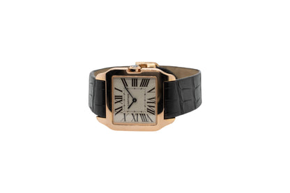 Cartier Santos Dumont 18k Rose Gold Quartz Roman Dial on Black Leather Band Watch