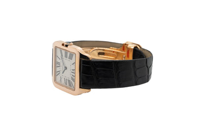 Cartier Santos Dumont 18k Rose Gold Quartz Roman Dial on Black Leather Band Watch