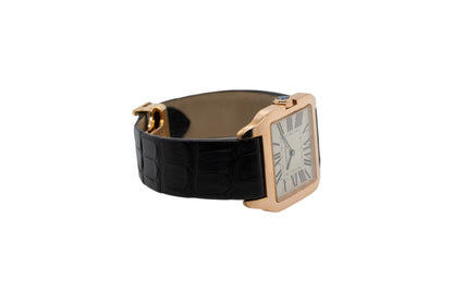 Cartier Santos Dumont 18k Rose Gold Quartz Roman Dial on Black Leather Band Watch