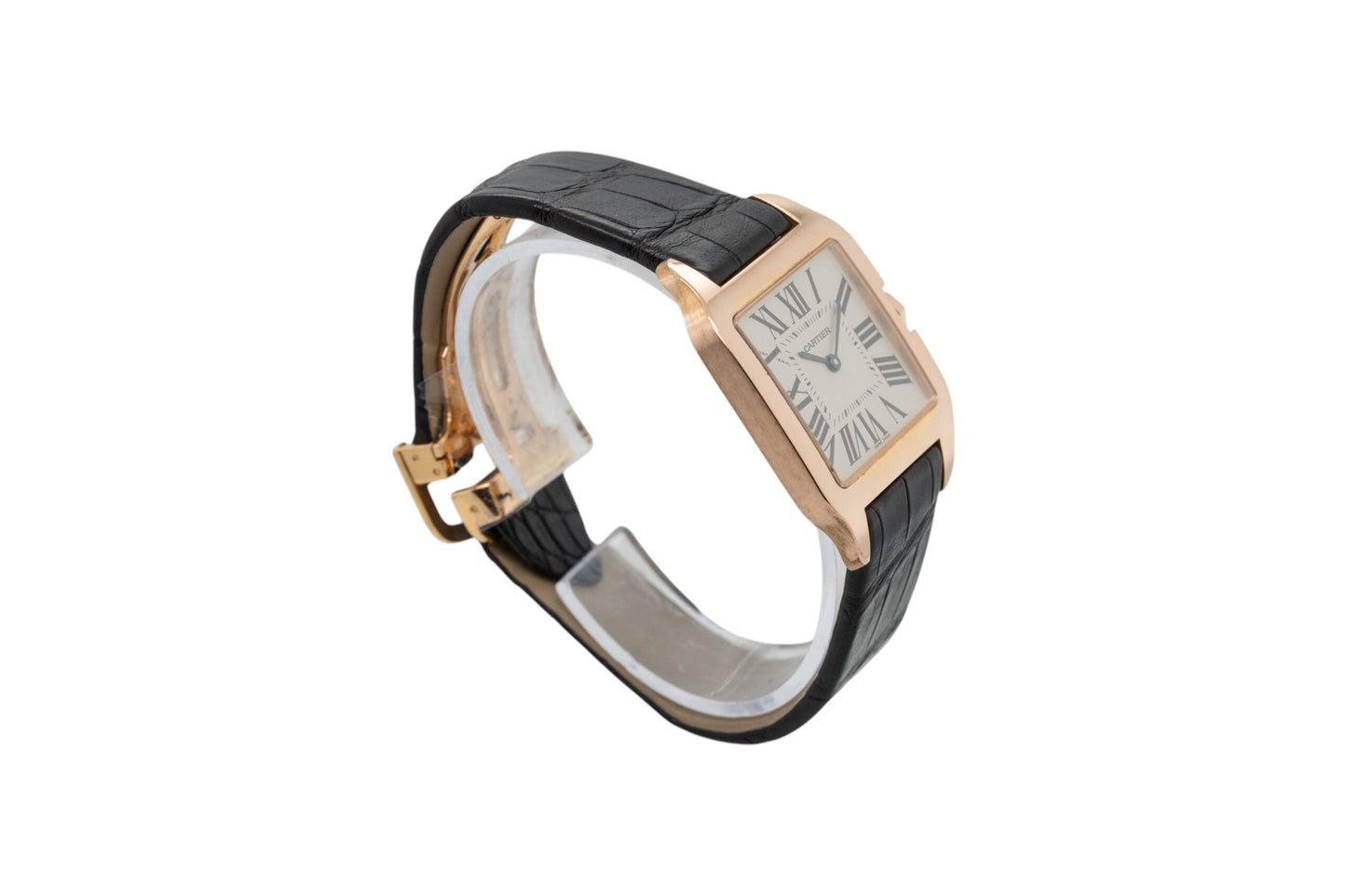 Cartier Santos Dumont 18k Rose Gold Quartz Roman Dial on Black Leather Band Watch