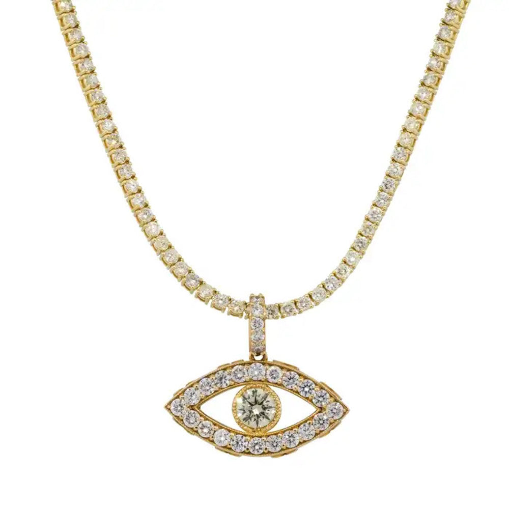 14k Yellow Gold 1.66ctw Evil Eye Diamond Charm Pendant on a 14k Yellow Gold 8.62 ctw Diamond 22" Tennis Chain Necklace