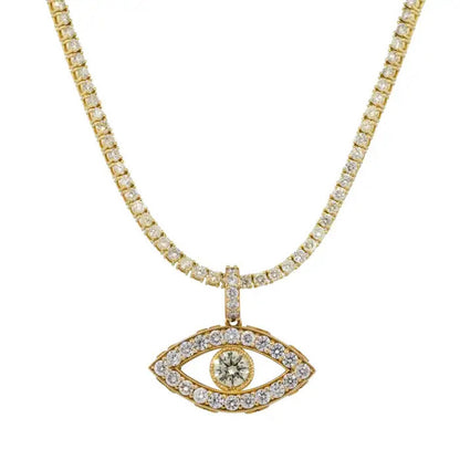 14k Yellow Gold 1.66ctw Evil Eye Diamond Charm Pendant on a 14k Yellow Gold 8.62 ctw Diamond 22" Tennis Chain Necklace